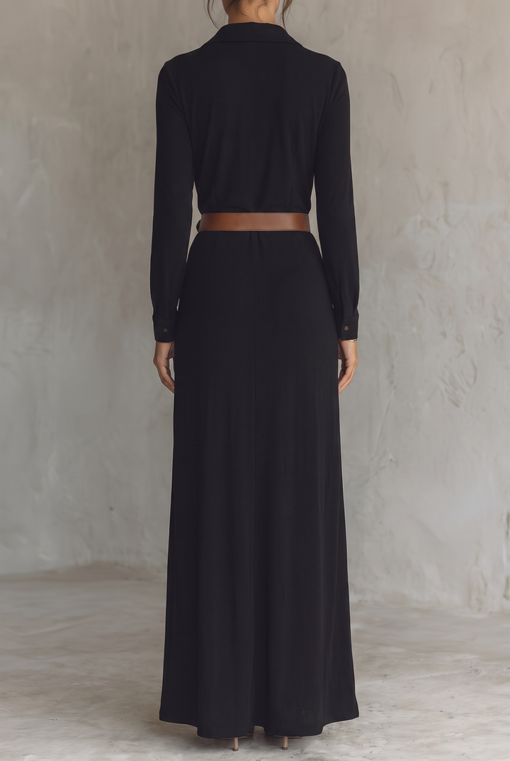 Ladies Lapel Belted Maxi Dress - black back view
