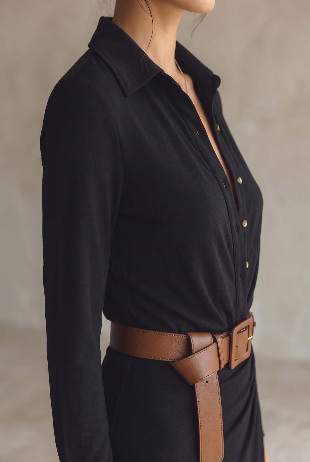 Ladies Lapel Belted Maxi Dress - black collar and belt detail
