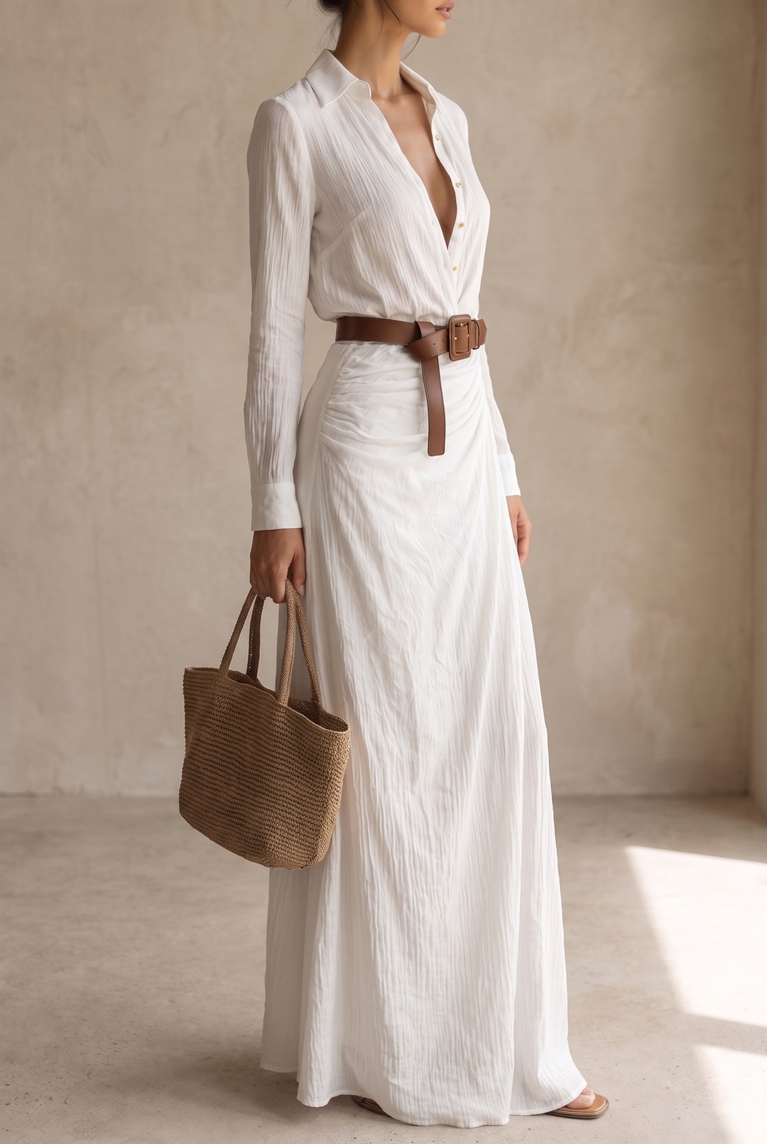 Ladies Lapel Belted Maxi Dress - white three-quarter view