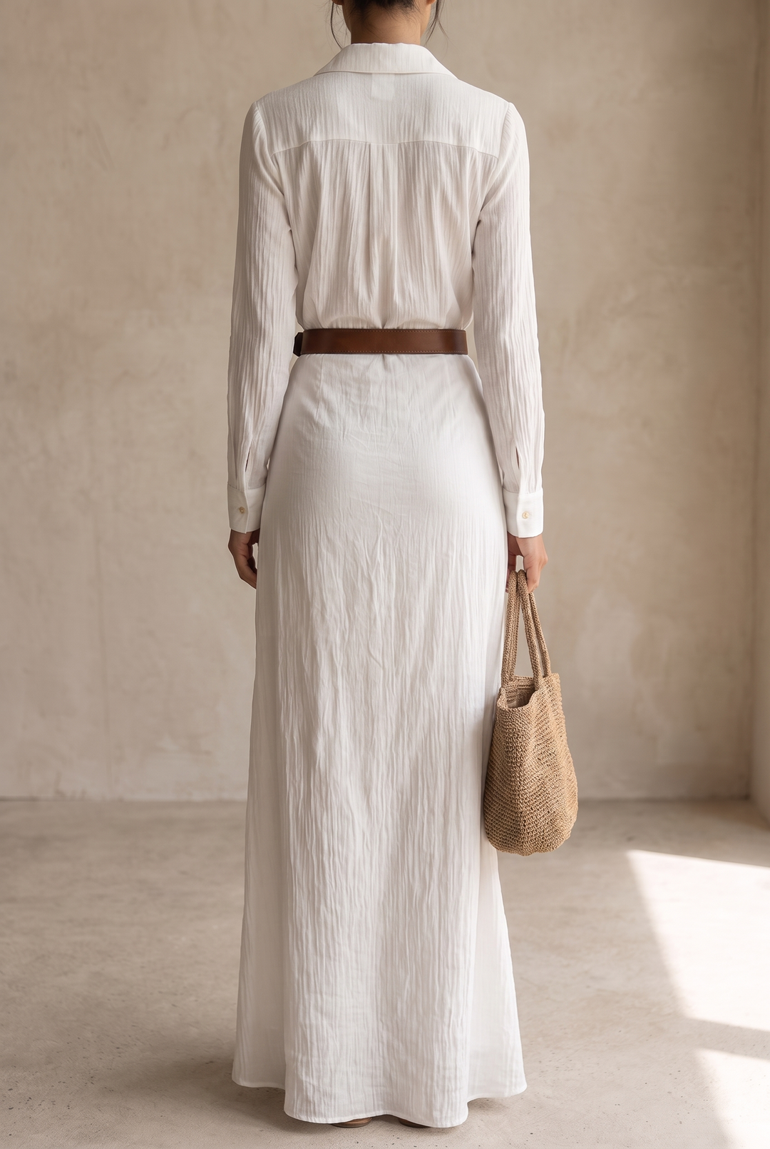 Ladies Lapel Belted Maxi Dress - white back view