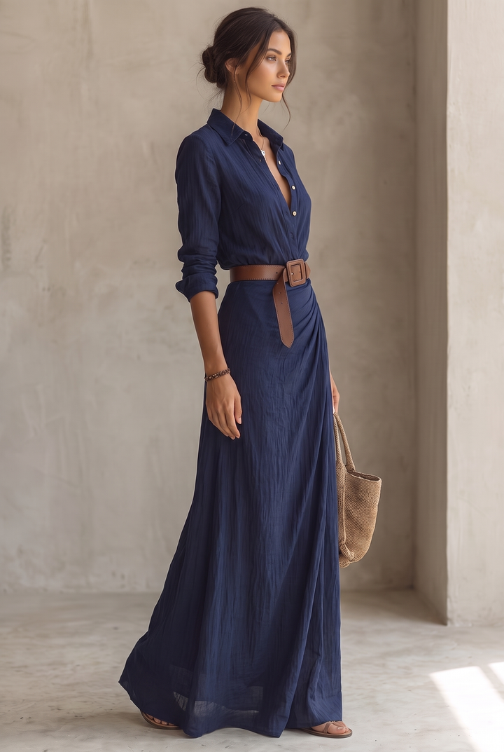 Ladies Lapel Belted Maxi Dress - navy three-quarter view