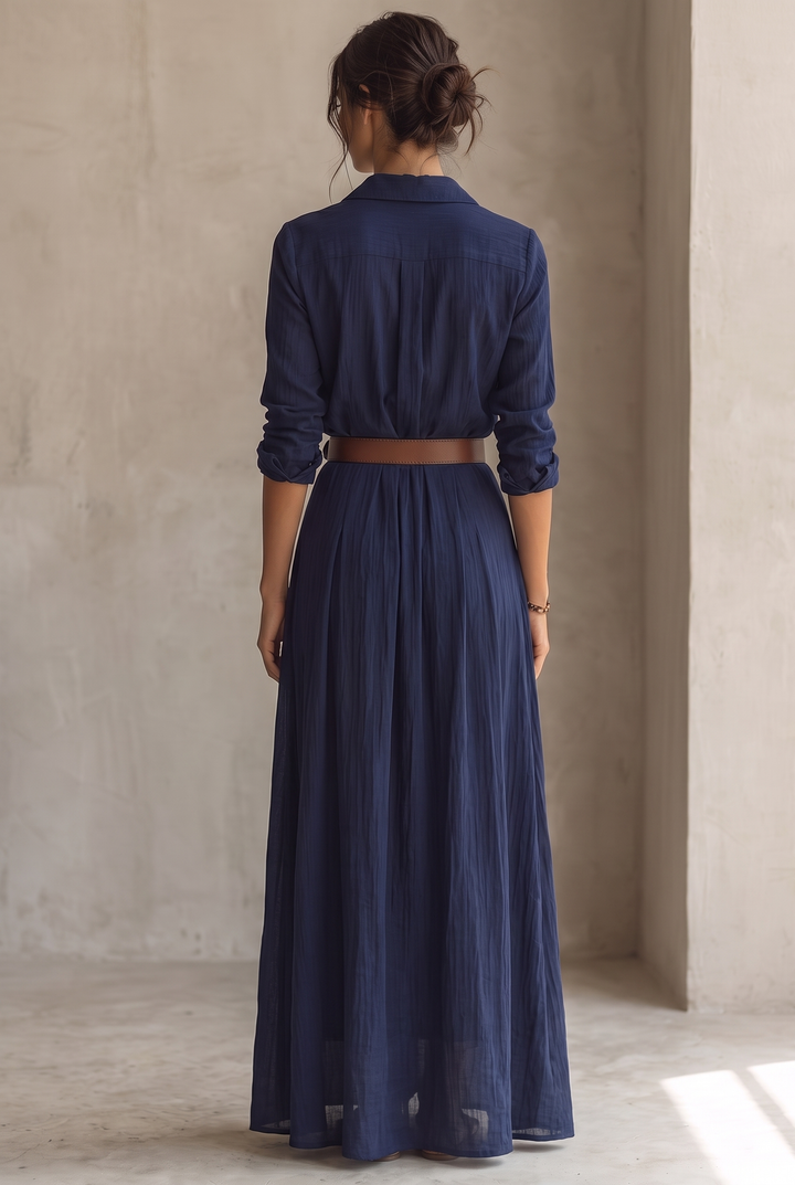 Ladies Lapel Belted Maxi Dress - navy back view