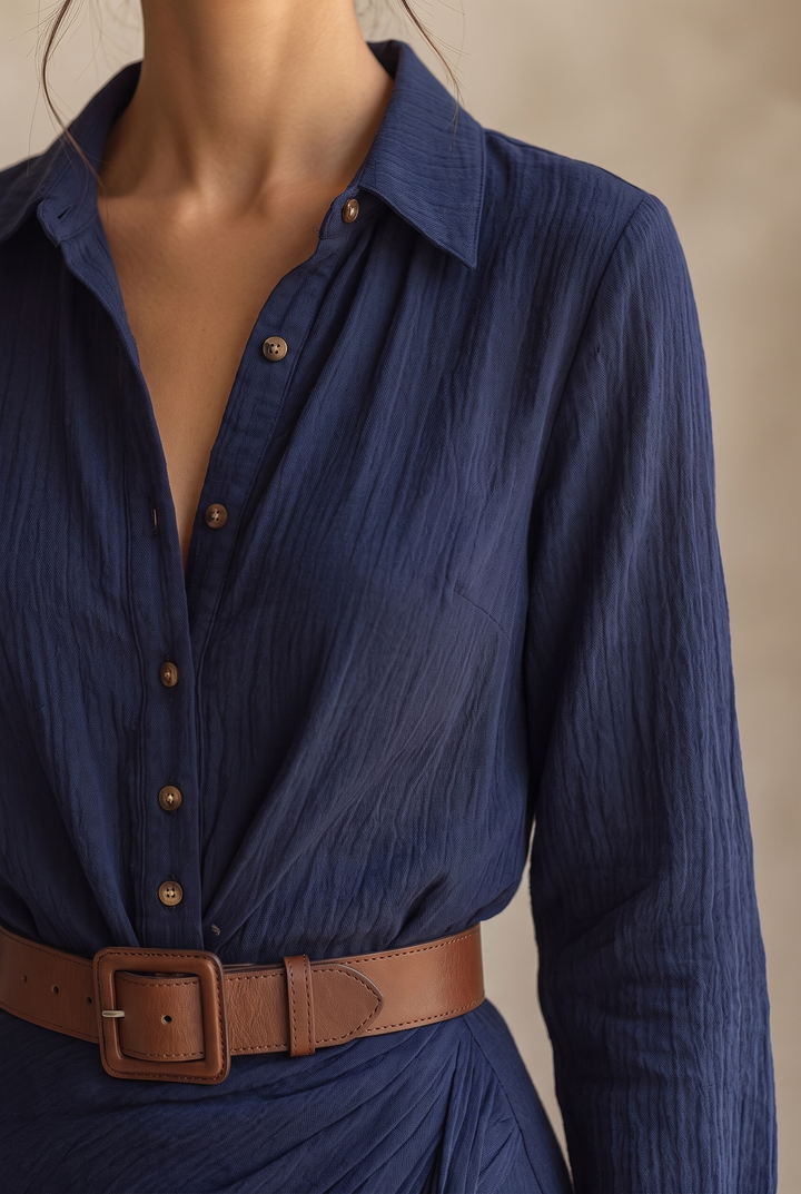 Ladies Lapel Belted Maxi Dress - navy collar and belt detail