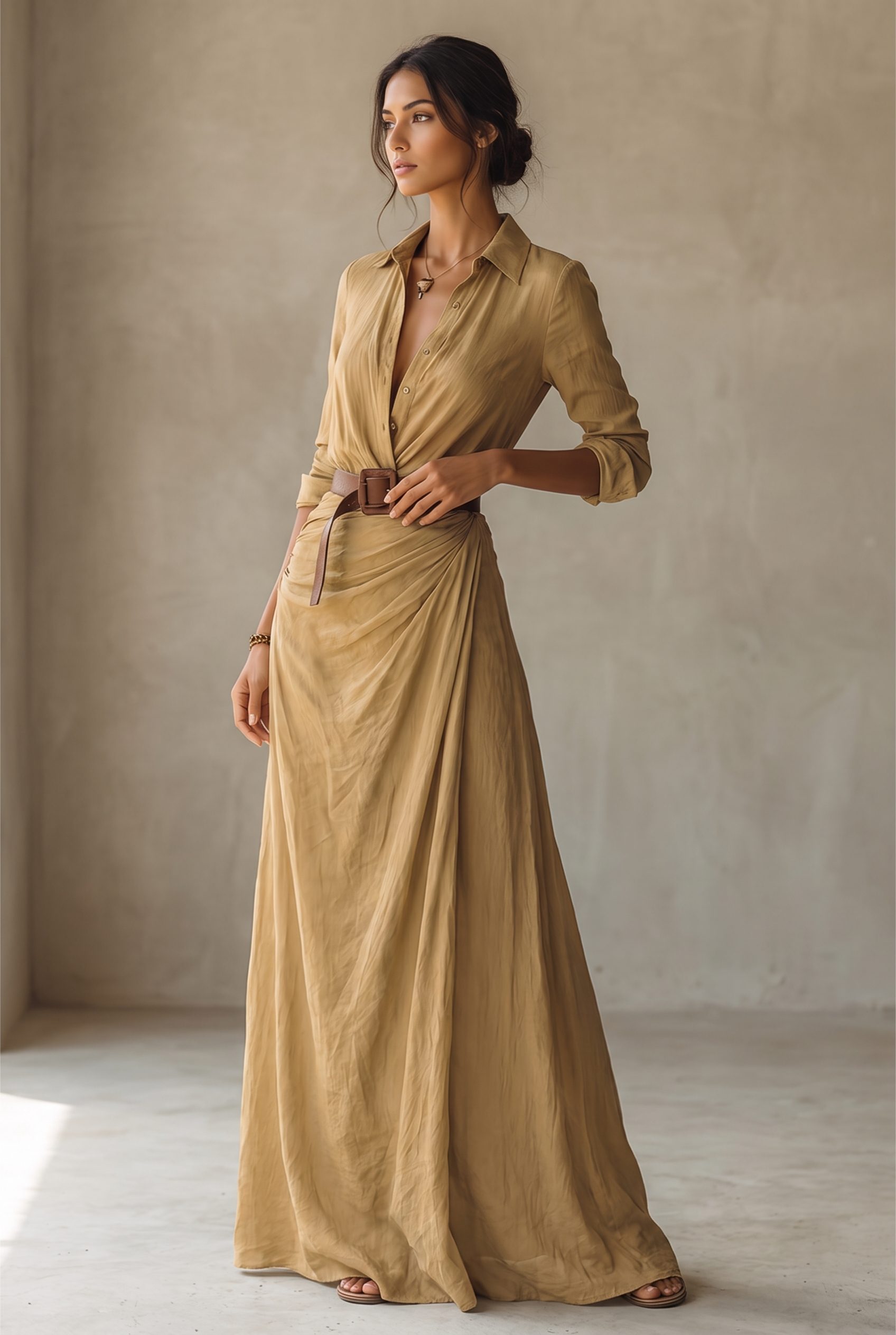 Damen Revers Einreihiges Langarm Maxikleid mit Gürtel MDA1500G4Y