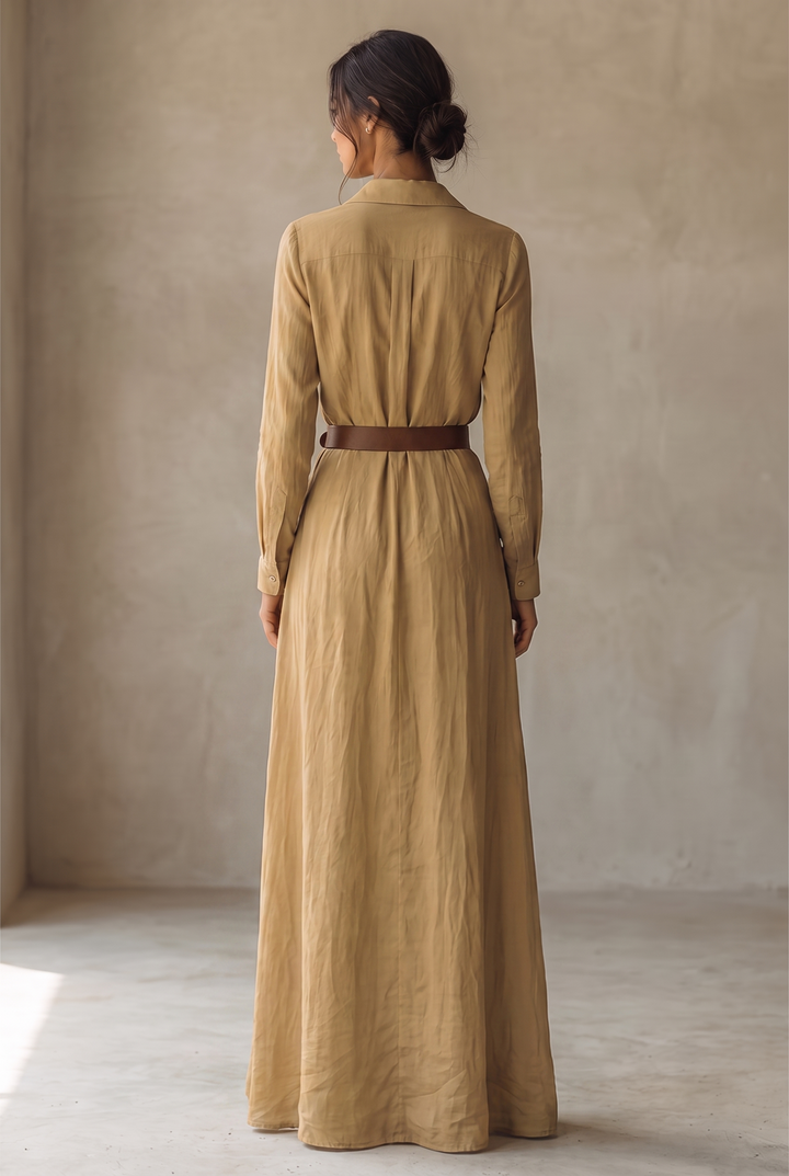 Ladies Lapel Belted Maxi Dress - khaki back view
