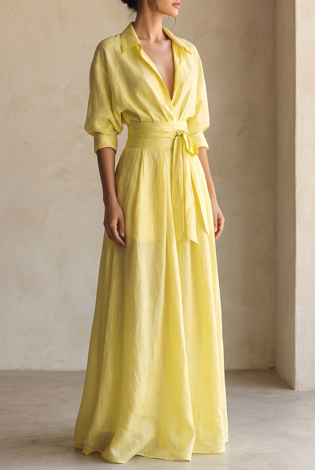 Women's Lemon Yellow Cotton And Linen Blend Maxi Shirt Dress With Tie – Mercer & Bloom