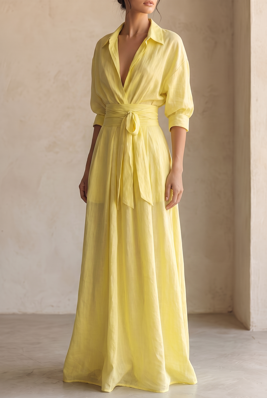 Lemon Yellow Maxi Shirt Dress - three-quarter view
