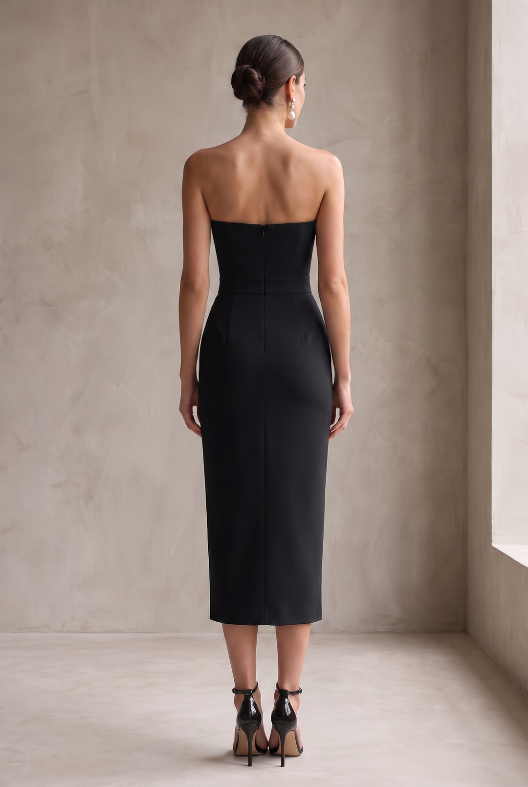 Elegant Black Strapless Bodycon Midi Dress - back view