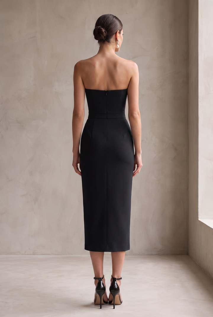 Elegant Black Strapless Bodycon Midi Dress - back view