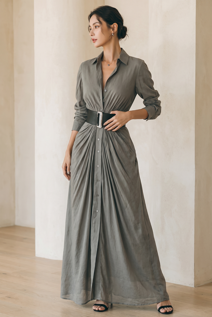 Ladies Lapel Belt Maxi Dress - grey front view