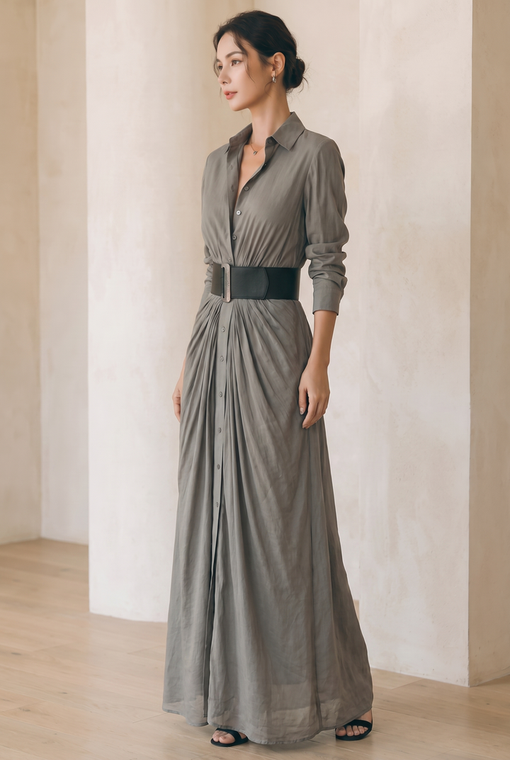 Ladies Lapel Belt Maxi Dress - grey three-quarter view