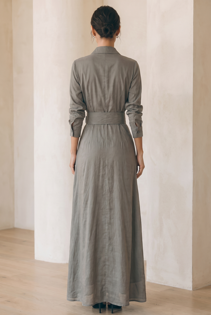 Ladies Lapel Belt Maxi Dress - grey back view