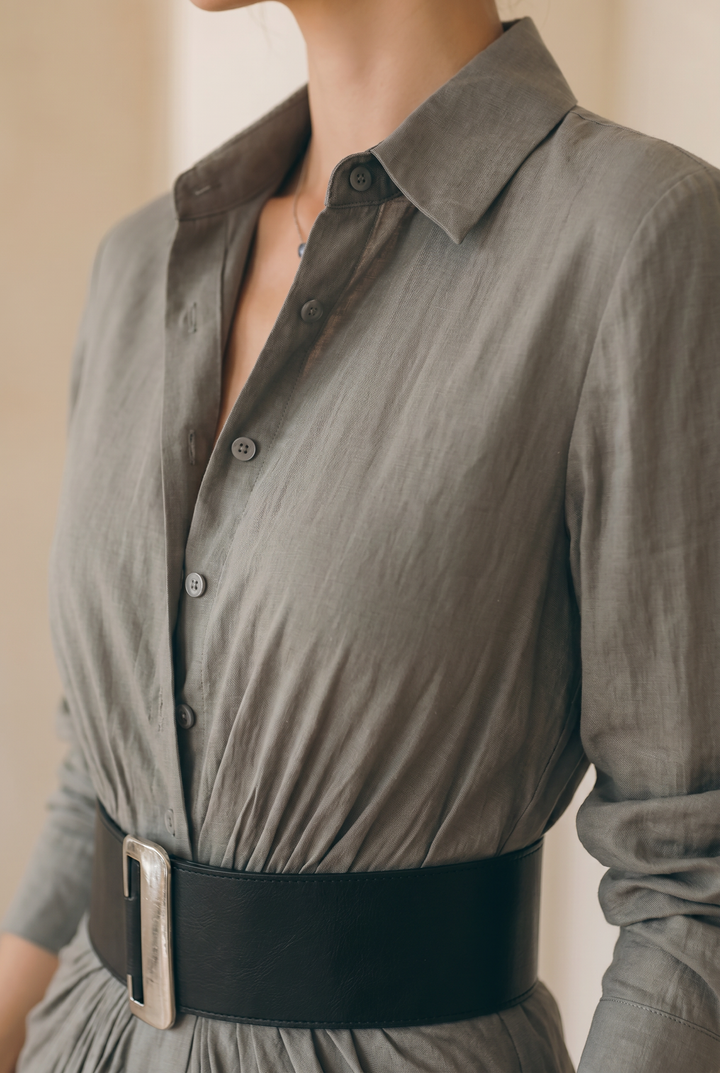 Ladies Lapel Belt Maxi Dress - grey collar and belt detail