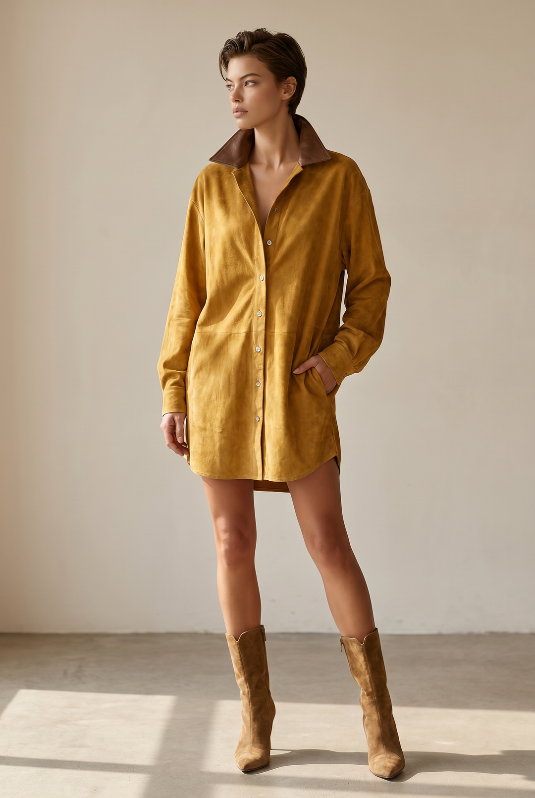 Leather Lapel Suede Mini Dress - yellow front view