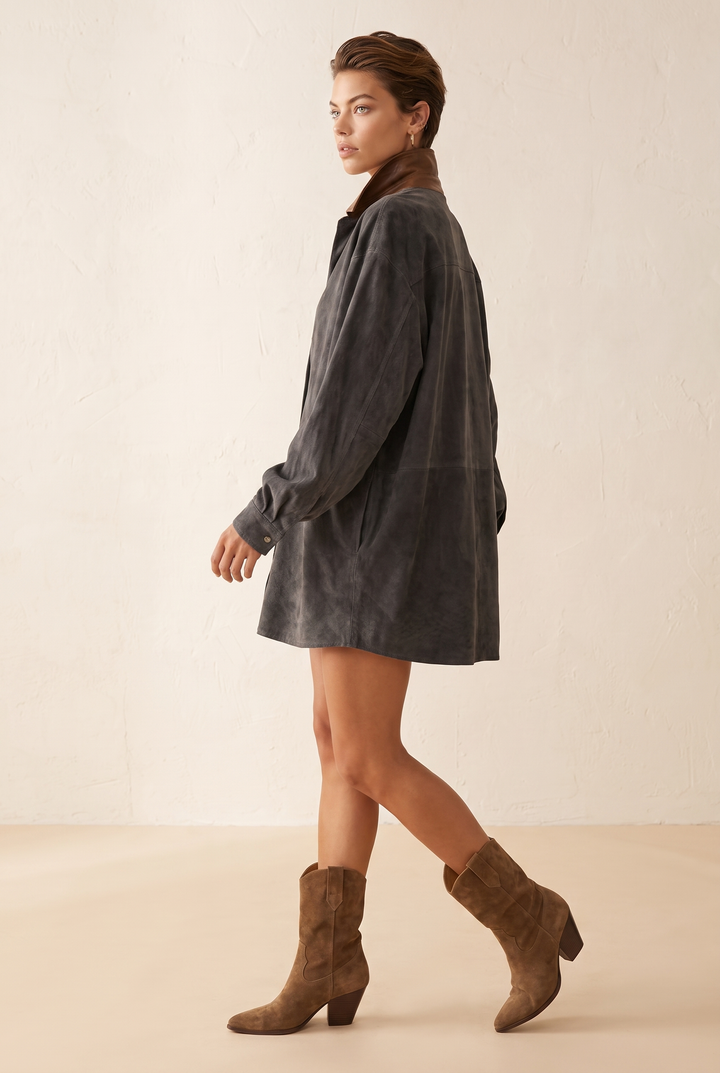 Leather Lapel Suede Mini Dress - gray front view