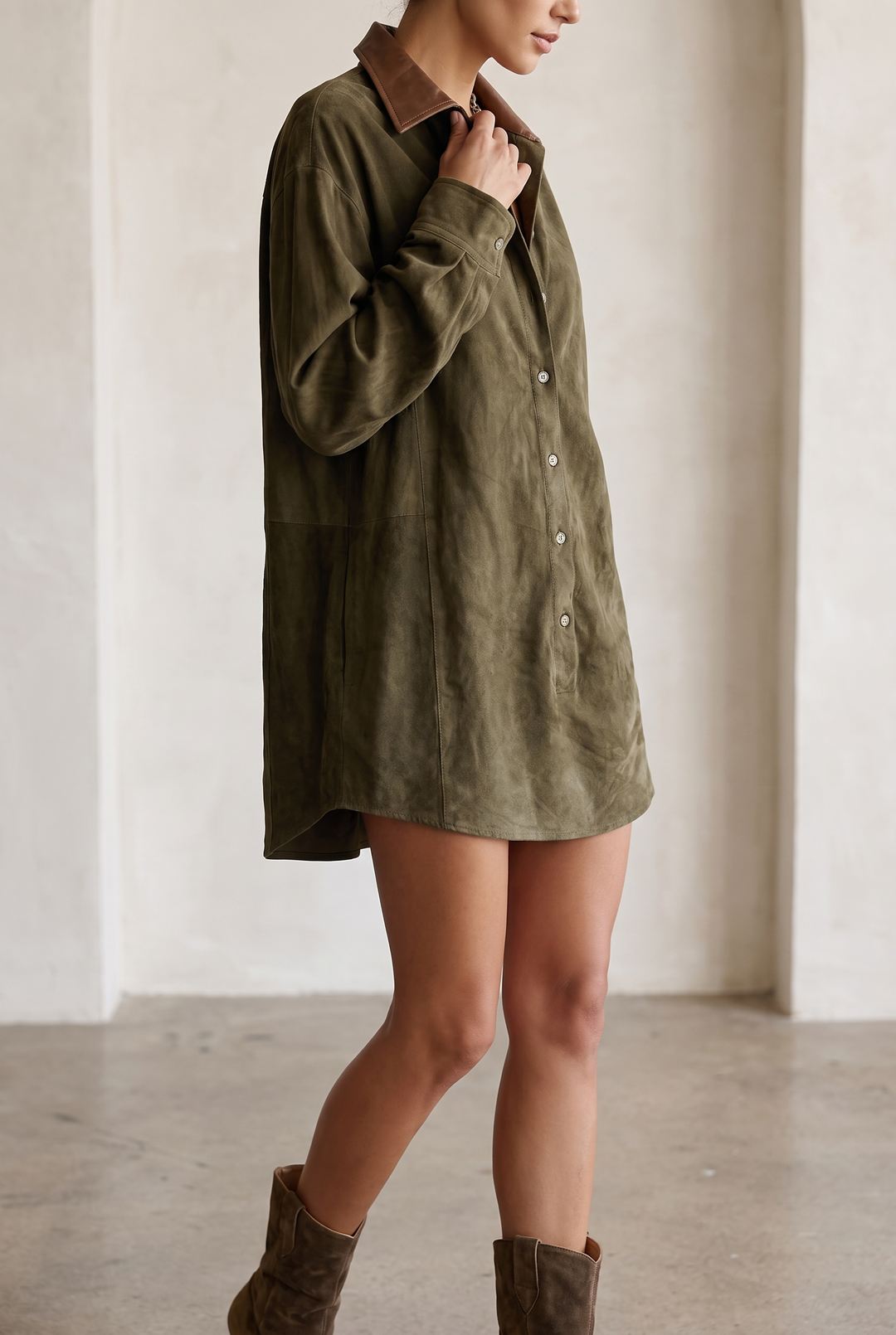 Leather Lapel Suede Mini Dress - gray green front view