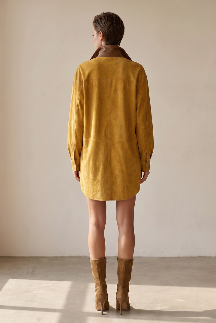 Leather Lapel Suede Mini Dress - yellow back view