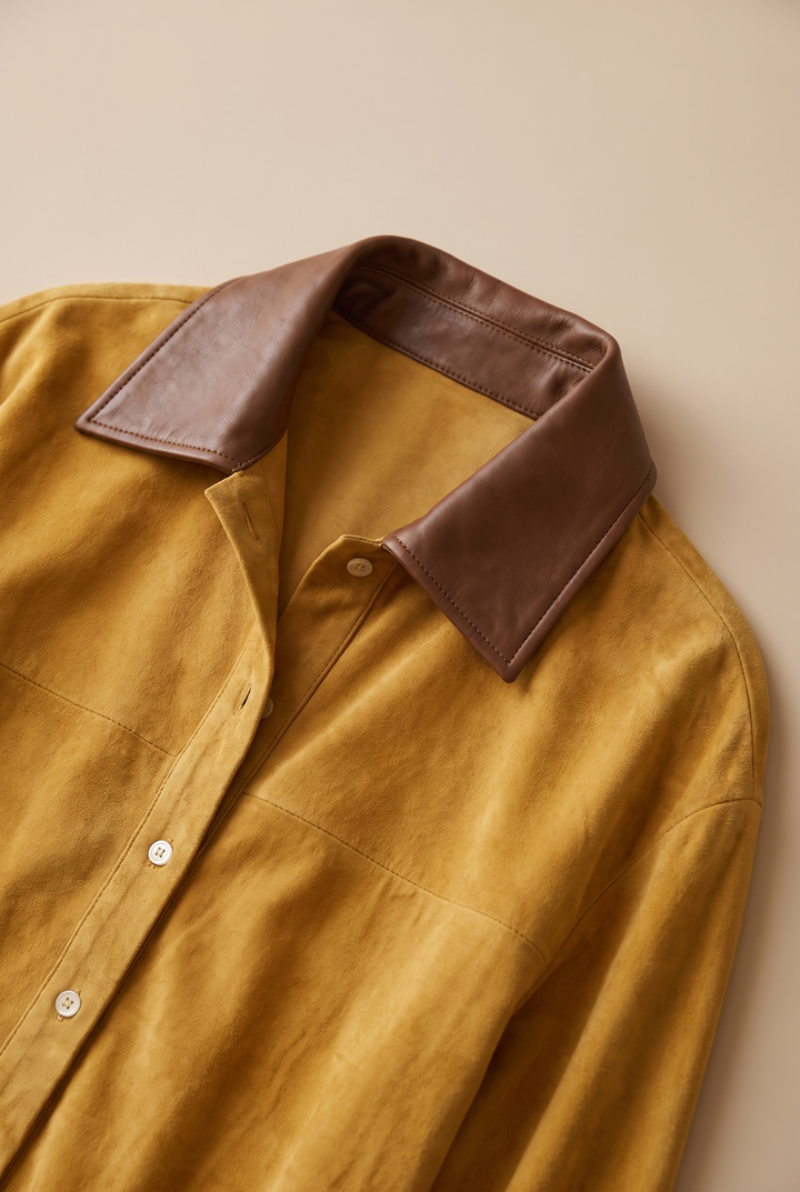 Leather Lapel Suede Mini Dress - yellow collar and suede detail
