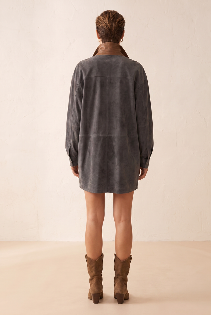 Leather Lapel Suede Mini Dress - gray back view