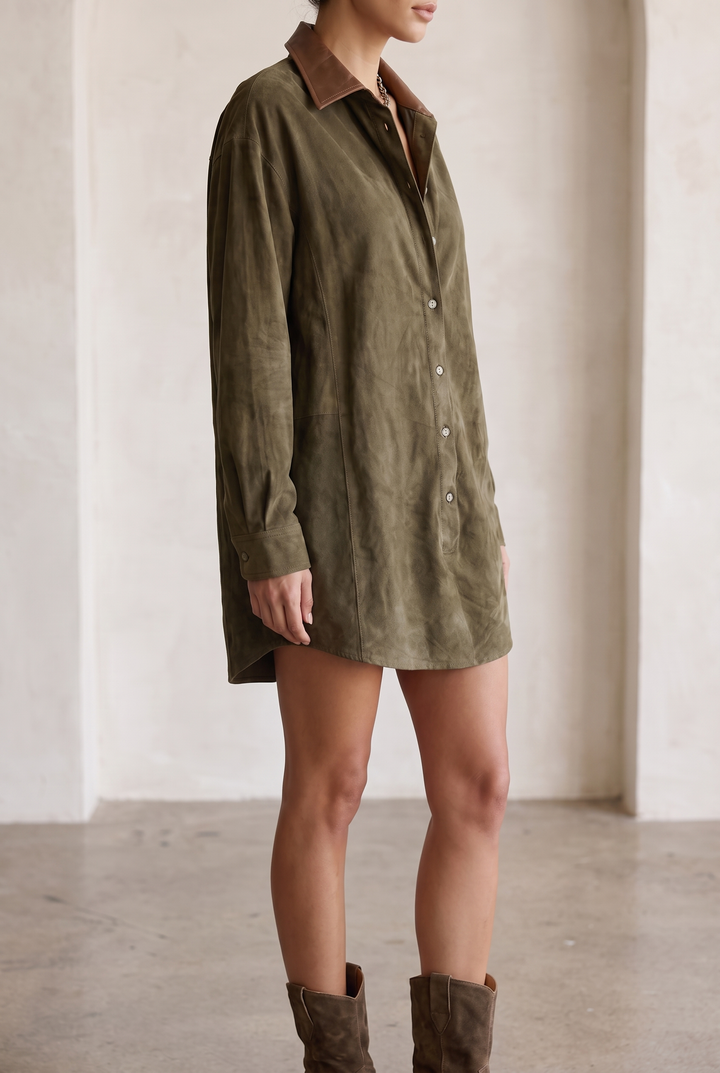 Leather Lapel Suede Mini Dress - gray green three-quarter view