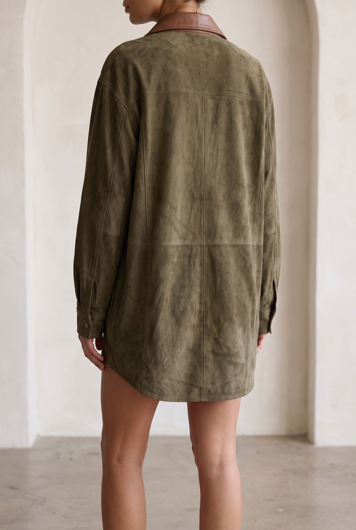 Leather Lapel Suede Mini Dress - gray green back view