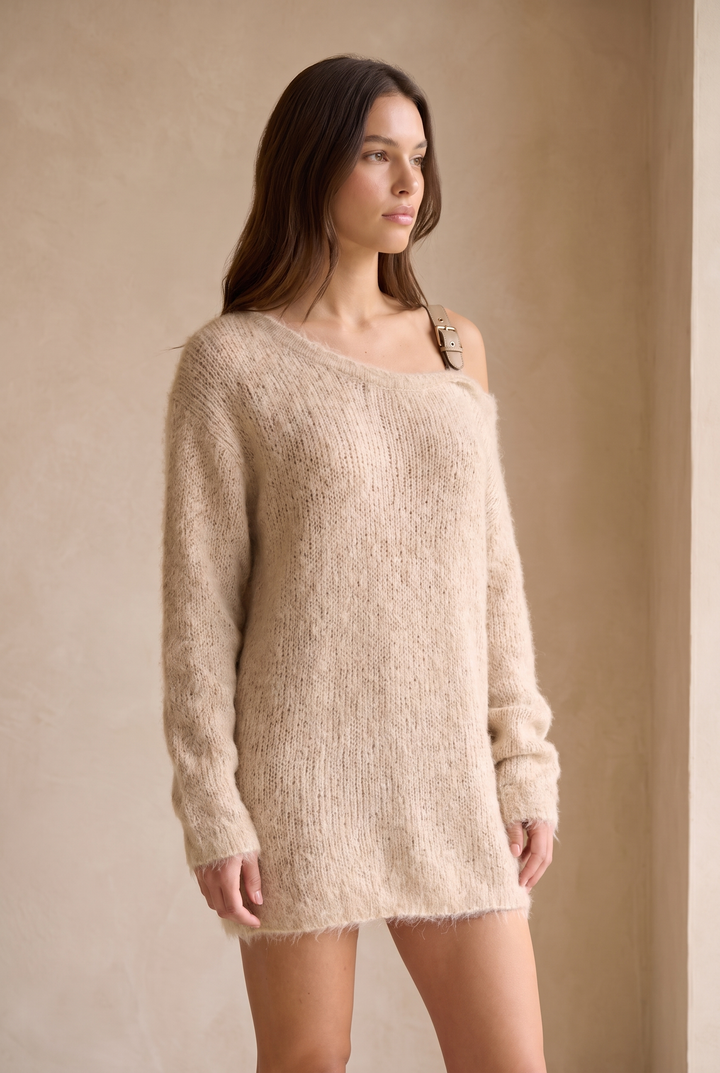 Off-shoulder Leather Strap Knit Mini Dress - oatmeal three-quarter view