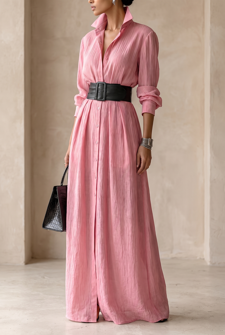 Solid Color Lapel Belt Maxi Shirt Dress - pink front view