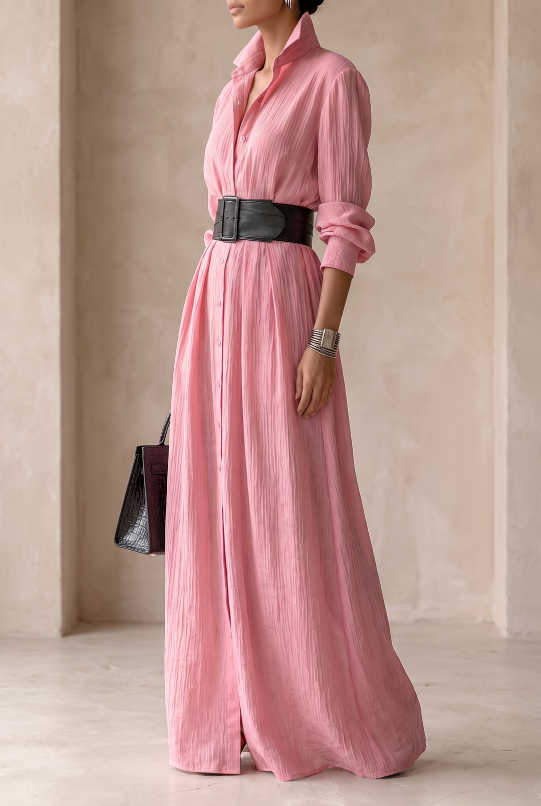 Solid Color Lapel Belt Maxi Shirt Dress - pink three-quarter view