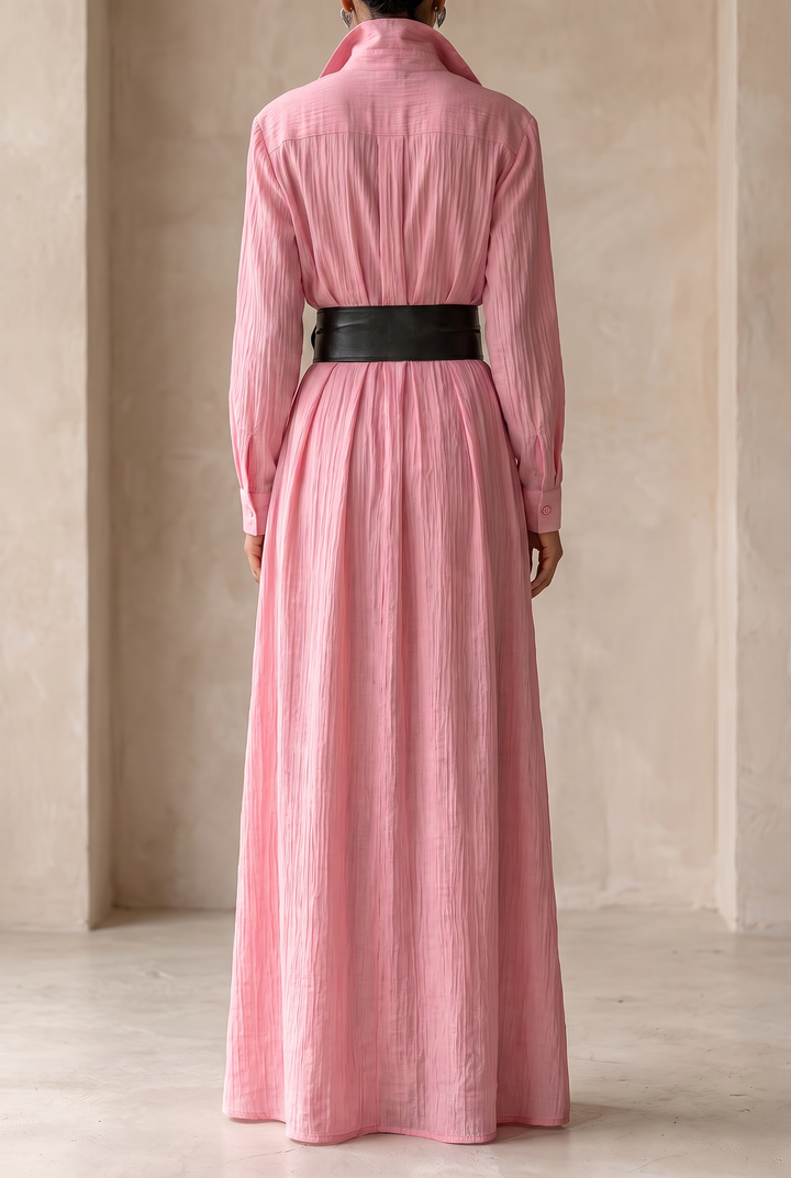 Solid Color Lapel Belt Maxi Shirt Dress - pink back view