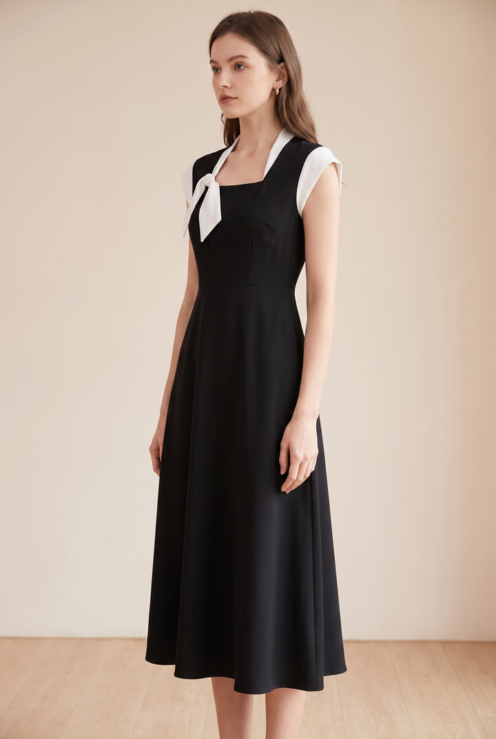 Colorblock Square Neck Cap Sleeve Midi Dress - three-quarter view