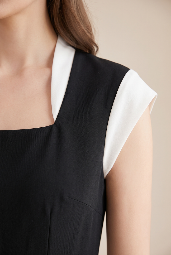 Colorblock Square Neck Cap Sleeve Midi Dress - neckline and colorblock detail