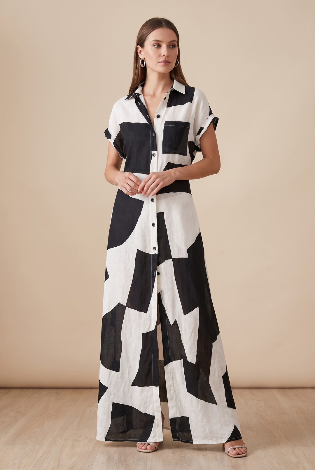 White geometric print cotton linen maxi shirt dress - front view