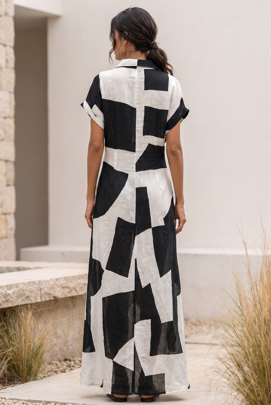 White geometric print cotton linen maxi shirt dress - back view