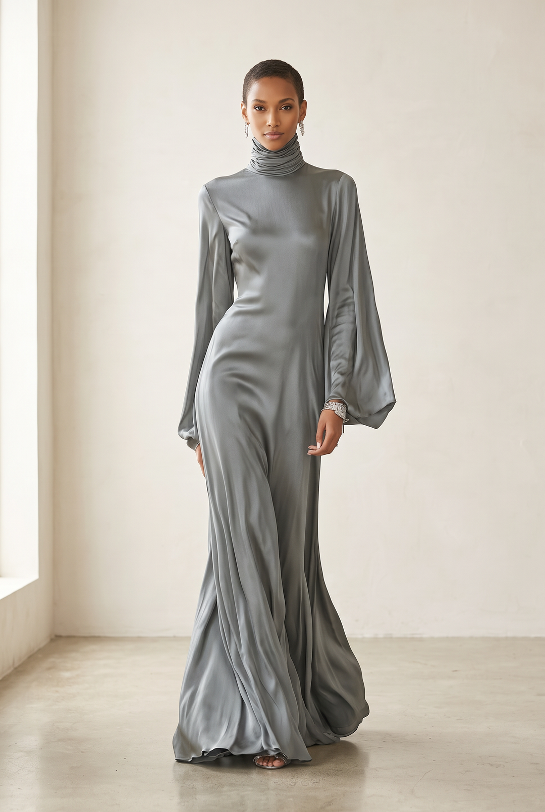 Women's Fashionable Grey Satin High-neck Long-sleeved Loose-fitting Maxi Dress