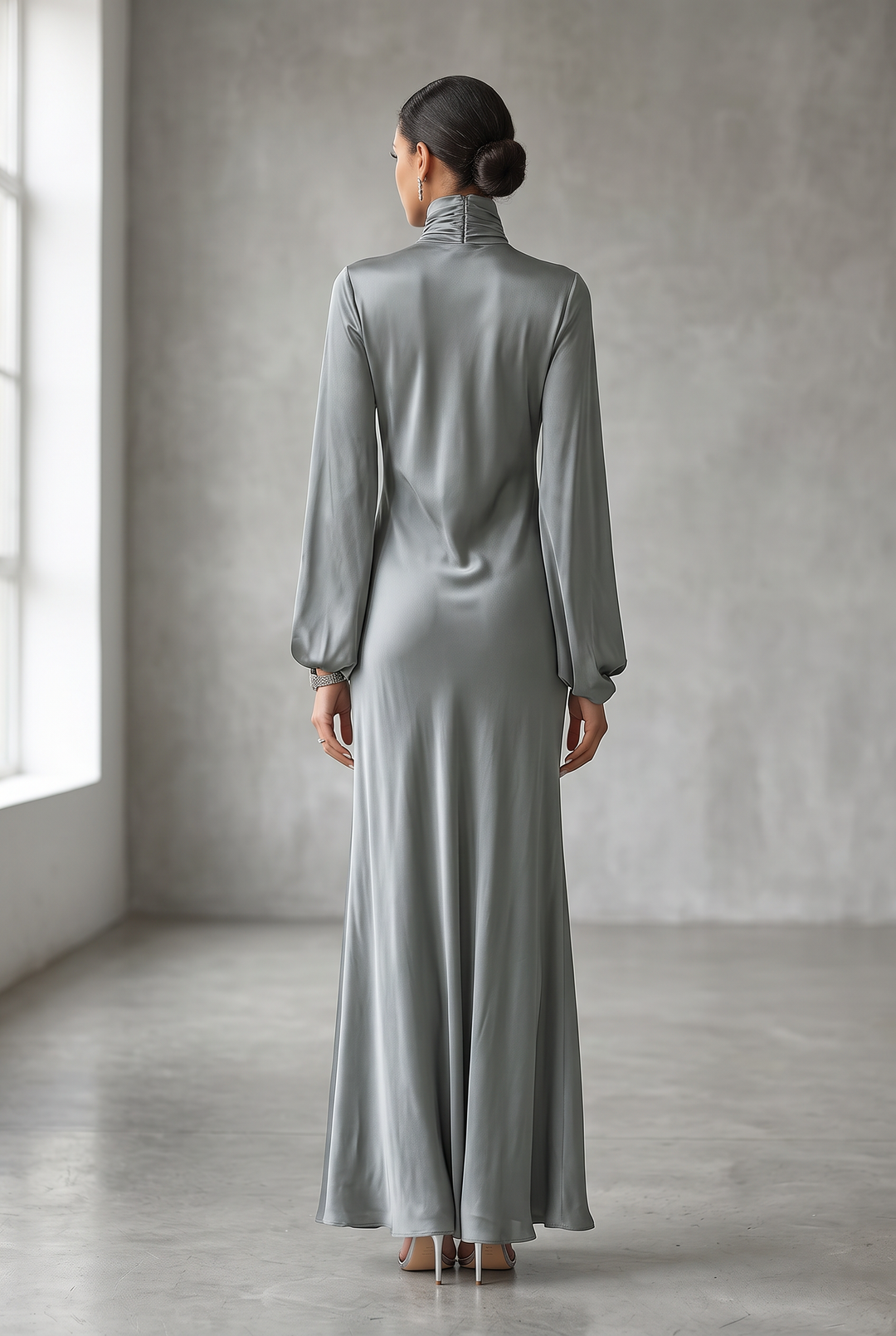 Grey satin high-neck long-sleeved maxi dress - back view