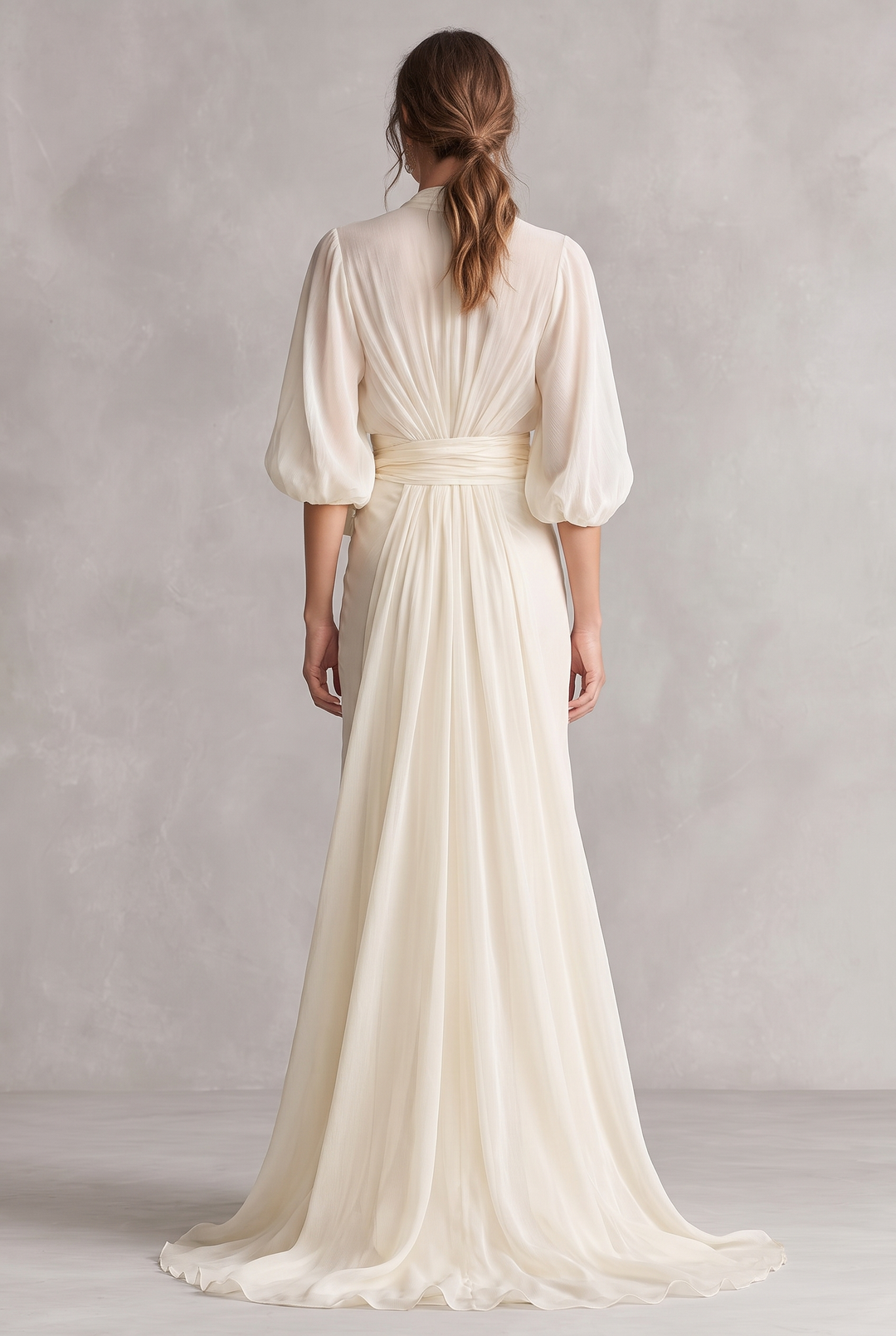 Ivory chiffon dress with puff sleeves and wrap detail - back view