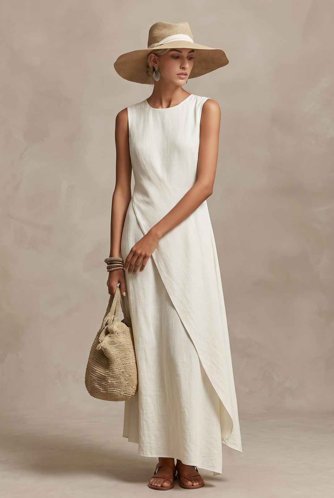 Ivory linen sleeveless maxi dress with asymmetric hem - front view