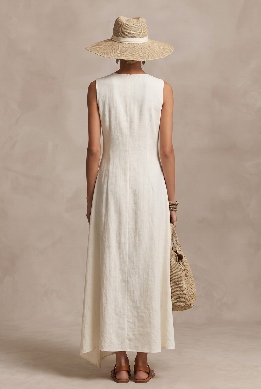Ivory linen sleeveless maxi dress with asymmetric hem - back view