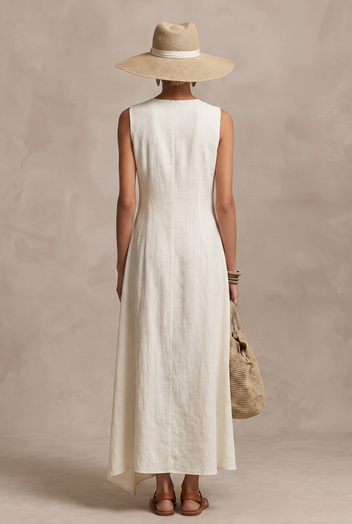 Ivory linen sleeveless maxi dress with asymmetric hem - back view