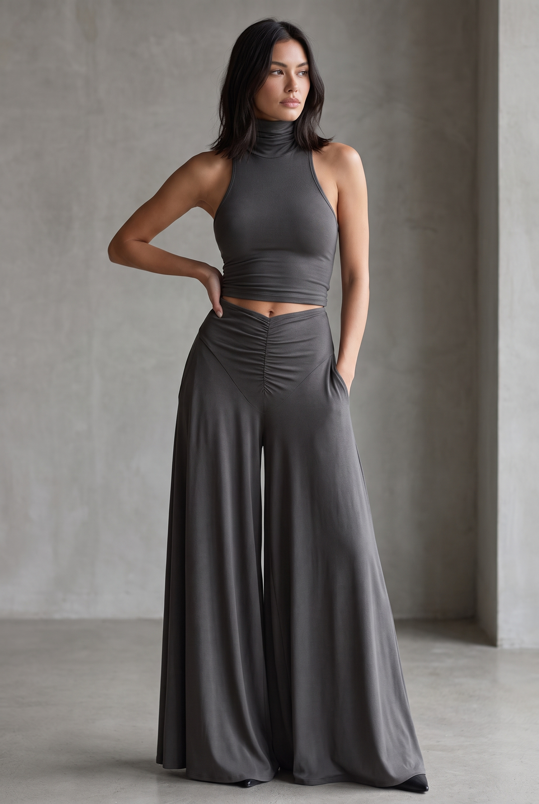 Women's Charcoal Gray Stretch Knit Dress With Turtleneck Halter & Cuto – Mercer & Bloom