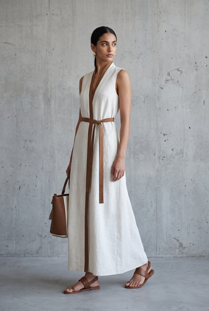 Sleeveless V-neck cotton linen maxi dress with tie waist - front view