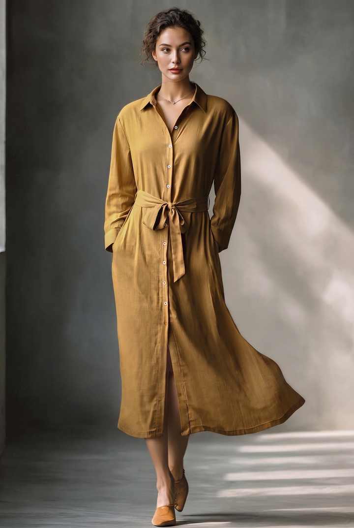 Mustard linen blend button-front belted midi shirt dress - front view