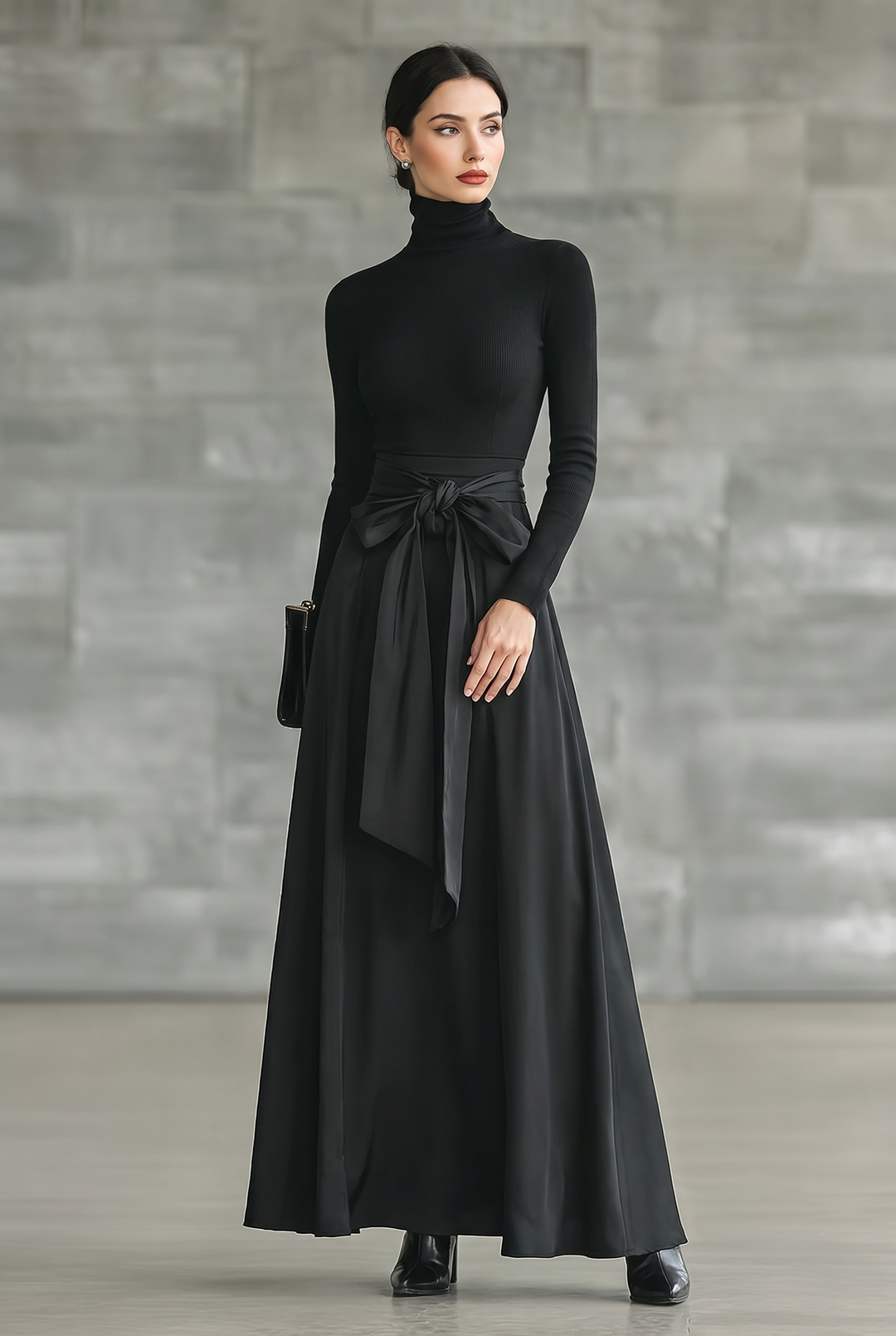 Black high-neck knitted and satin flared maxi dress - front view