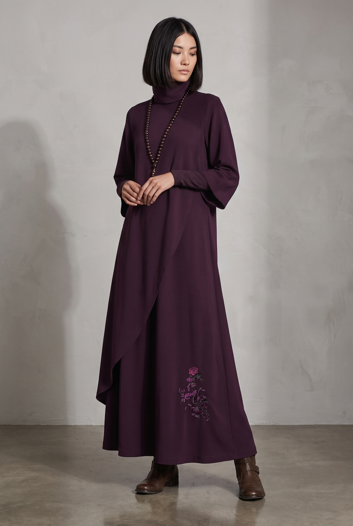 Plum draped cotton-blend jersey turtleneck embroidered maxi dress - front view