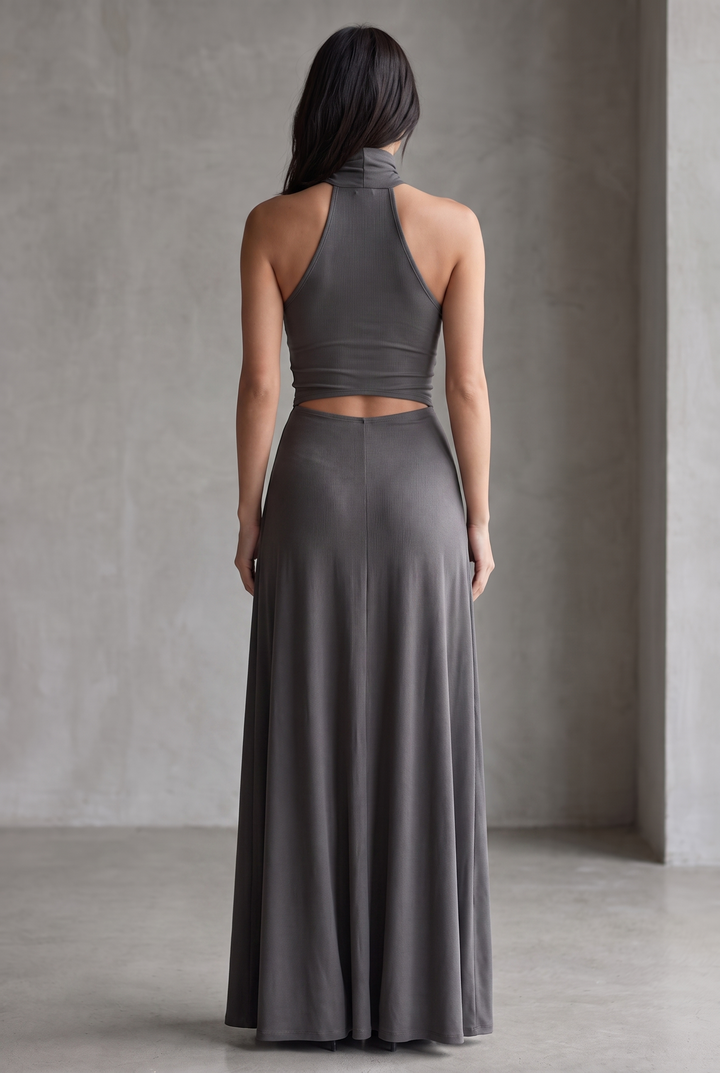 Charcoal gray stretch knit turtleneck halter dress with cutout waist - back view