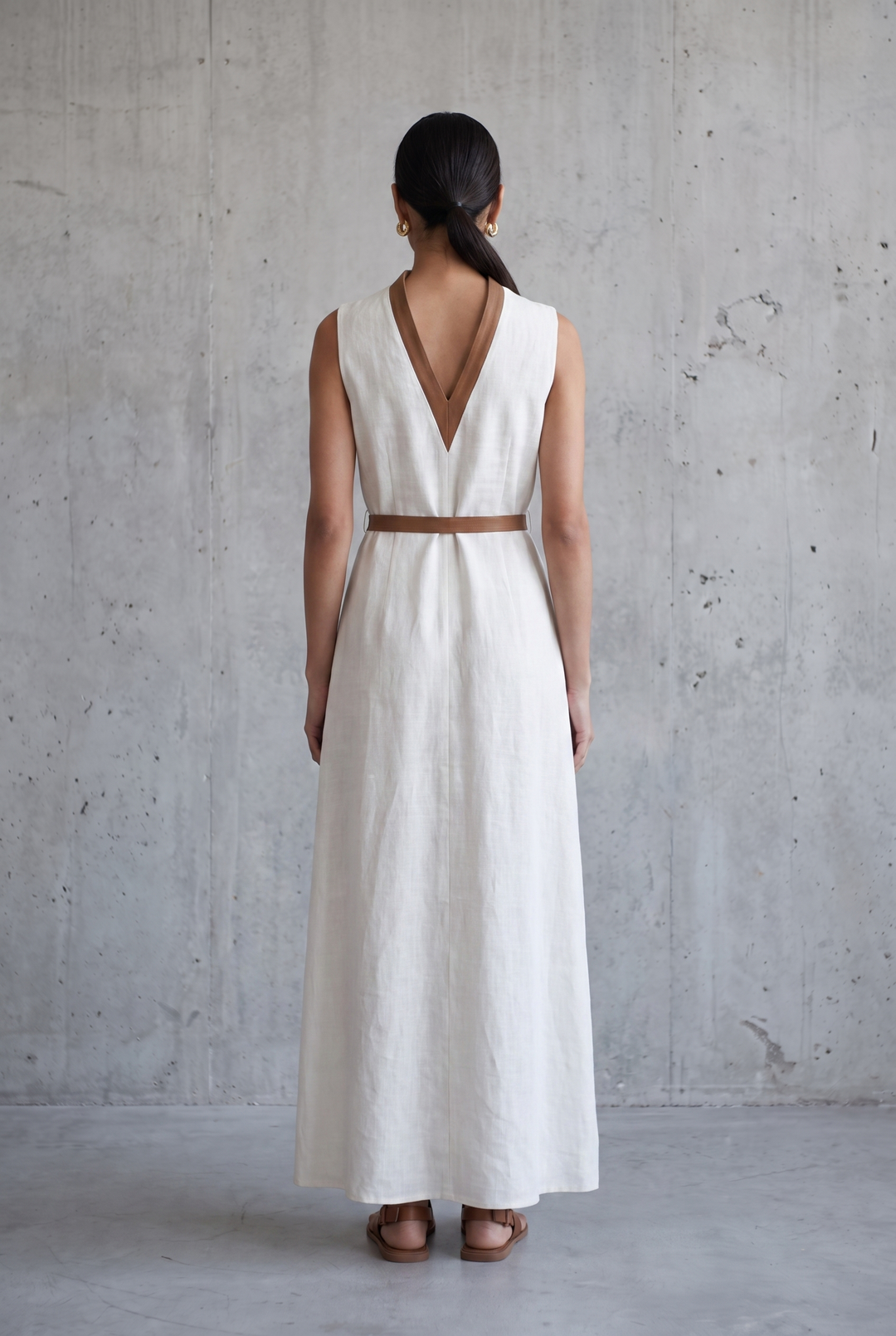 Sleeveless V-neck cotton linen maxi dress with tie waist - back view