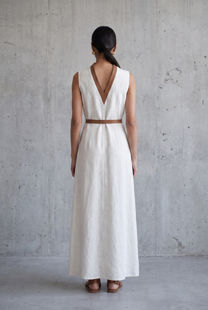 Sleeveless V-neck cotton linen maxi dress with tie waist - back view
