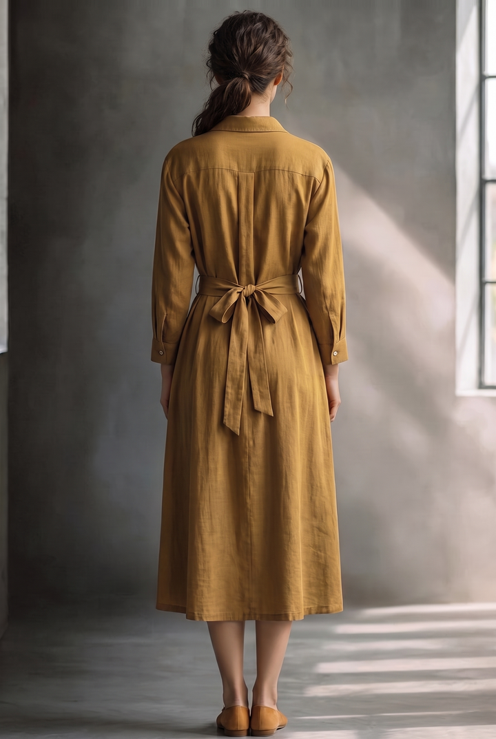 Mustard linen blend button-front belted midi shirt dress - back view