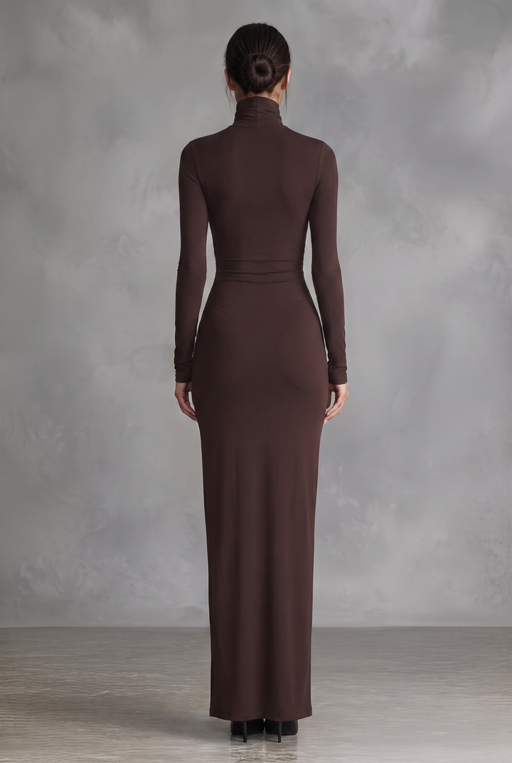 Brown stretch turtleneck bodycon dress with side slit - back view