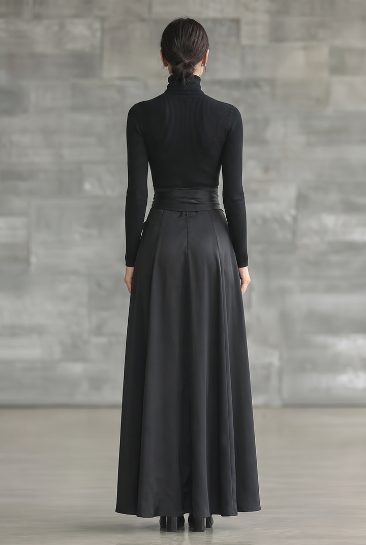 Black high-neck knitted and satin flared maxi dress - back view